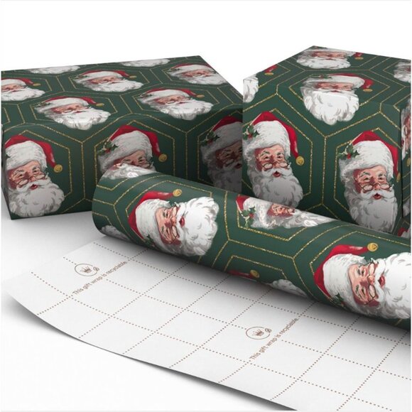 Hallmark Wrapping Paper Christmas Santa Faces Green Gold 35 sq ft Roll H… - Picture 3 of 6